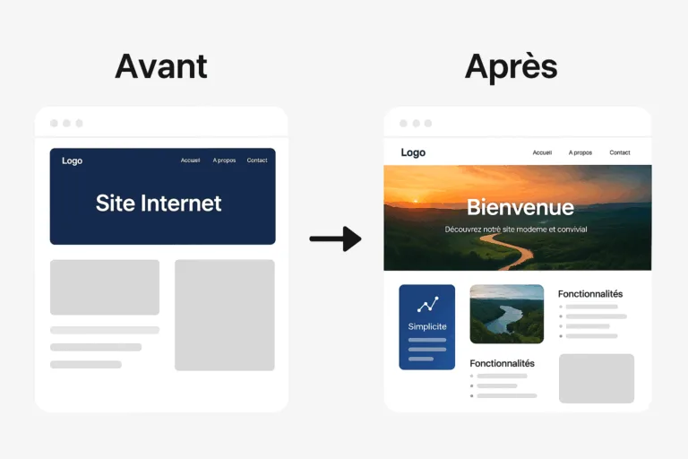 Illustration d'une refonte de site internet réalisée par Devmiweb, comparaison avant et après la modernisation du site web