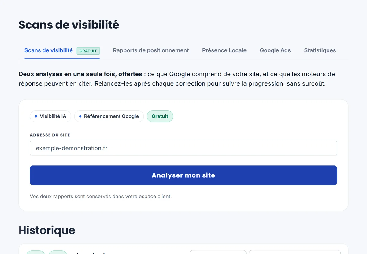 Scans de visibilité dans l'espace client : formulaire d'analyse et historique des rapports