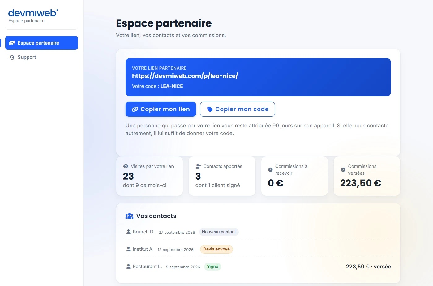 L'espace partenaire Devmiweb : lien personnel, contacts apportés et commissions