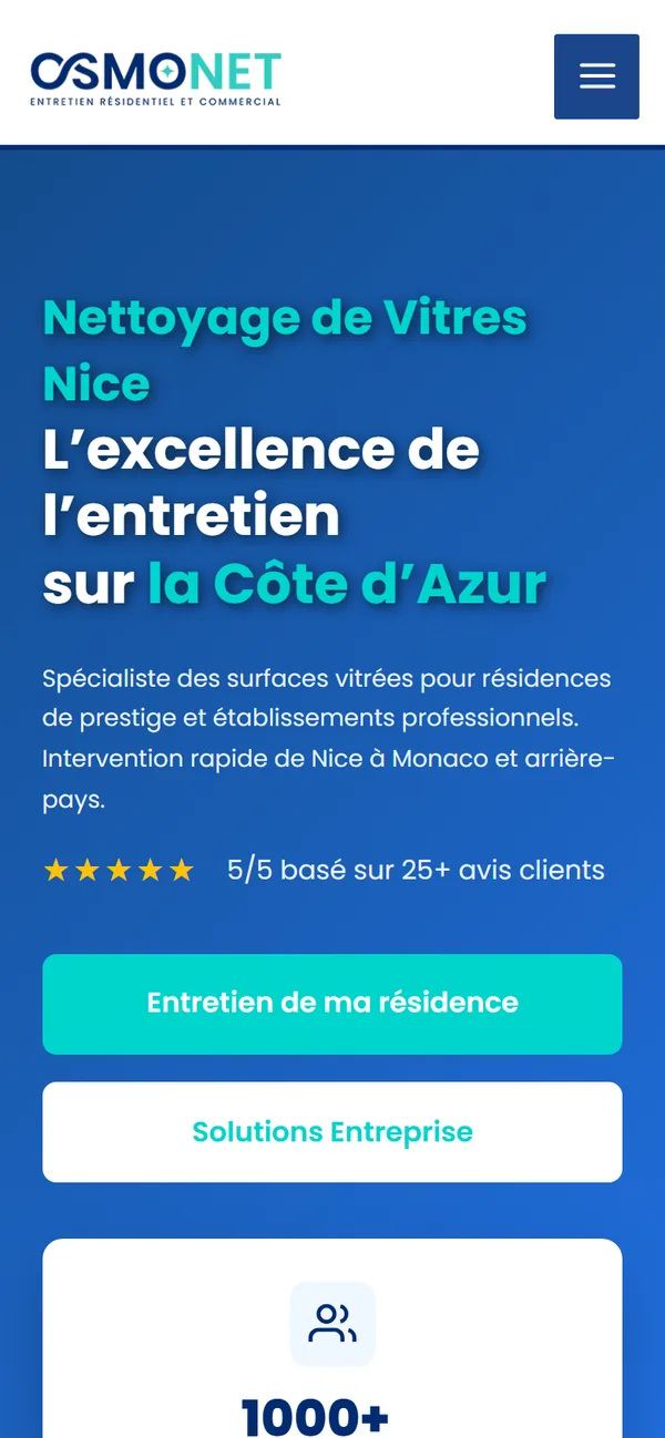 Site vitrine d'Osmonet, nettoyage de vitres à Nice, créé par Devmiweb, version téléphone