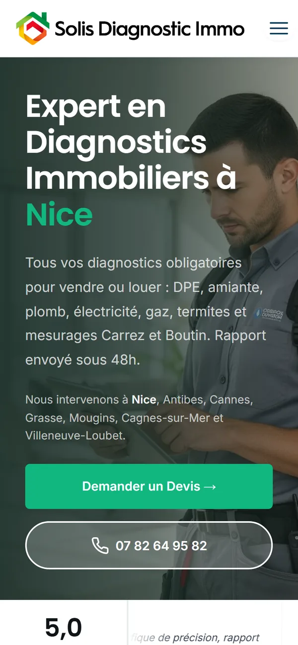 Site de Solis Diagnostic Immo, diagnostiqueur immobilier à Villeneuve-Loubet, créé par Devmiweb, version téléphone