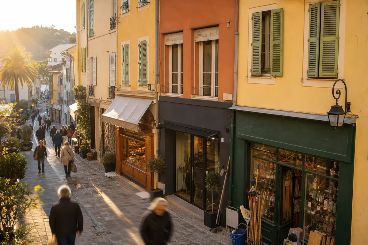 Une rue commerçante d'une ville des Alpes-Maritimes avec ses devantures