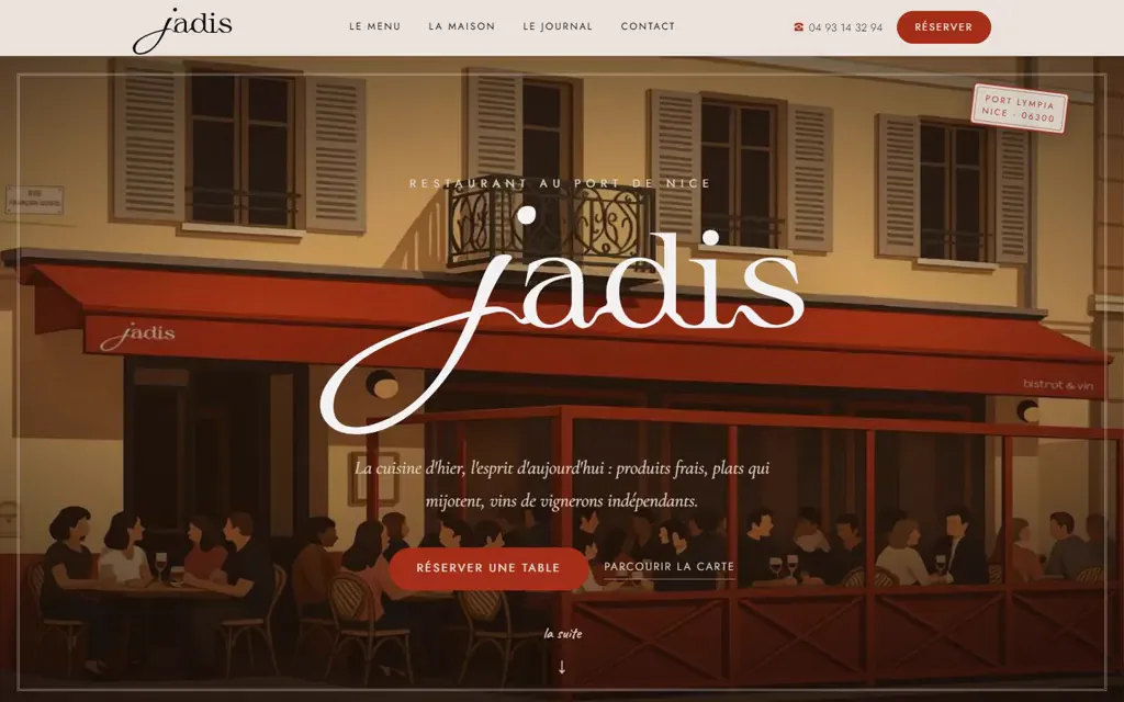 Page d’accueil du site de Jadis, bistrot et restaurant à Nice, réalisé par Devmiweb
