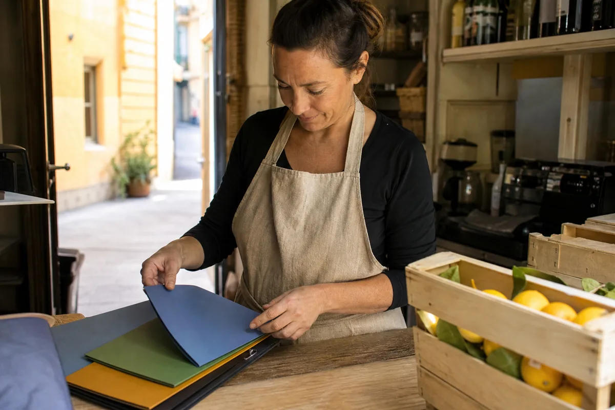 Une commerçante du Vieux-Nice classe trois dossiers distincts dans son arrière-boutique