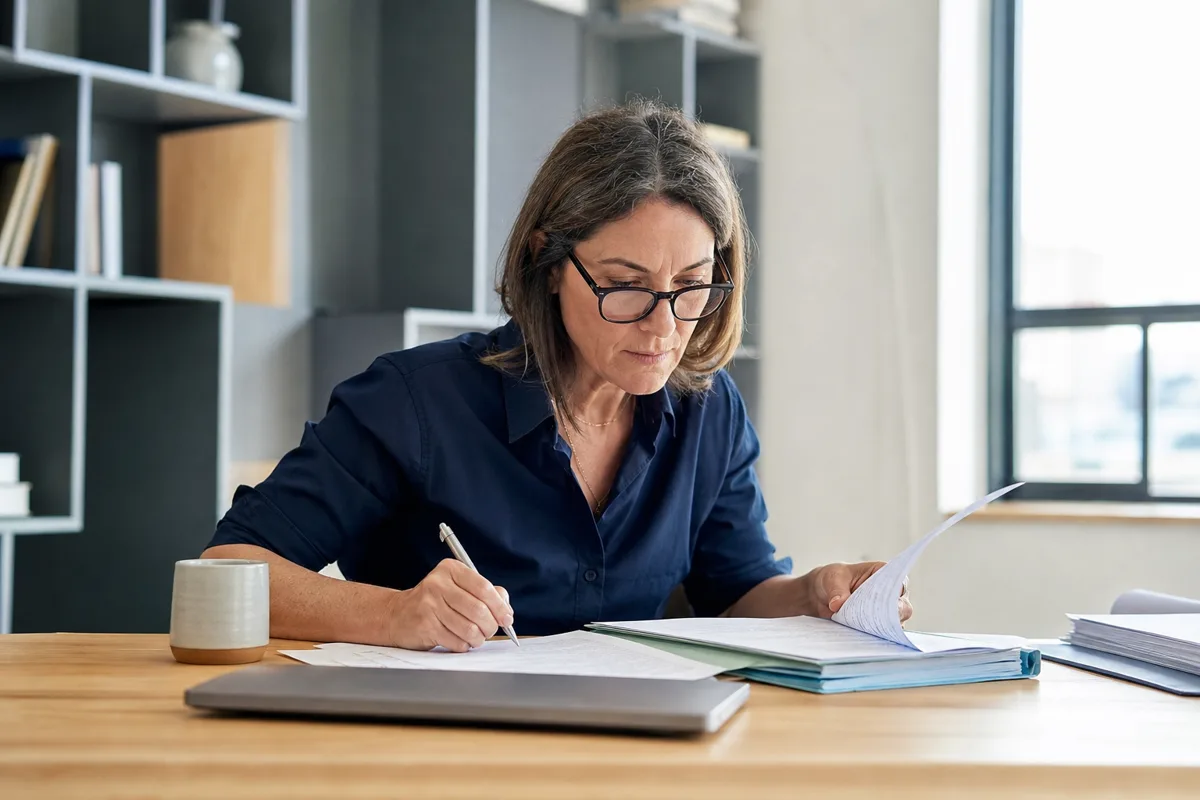 Une gérante relit des documents administratifs à son bureau