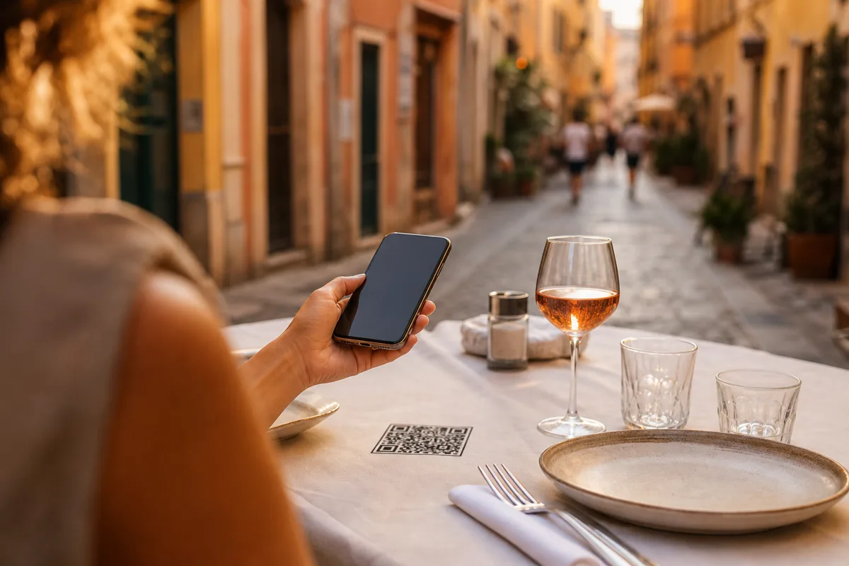 Une main scanne le QR code d'une table de restaurant avec son téléphone