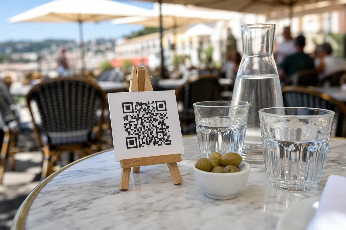 Un chevalet avec un QR code sur une table de bistrot niçois