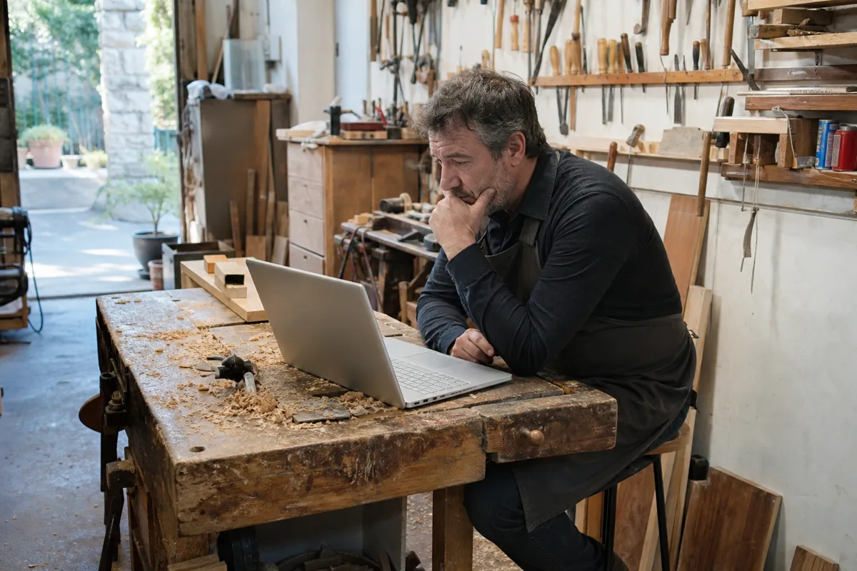 Un menuisier dans son atelier, perplexe devant son ordinateur portable