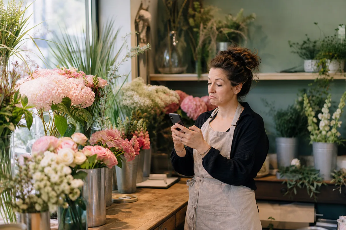 Une fleuriste qui cherche sa boutique sur son téléphone, derrière son comptoir