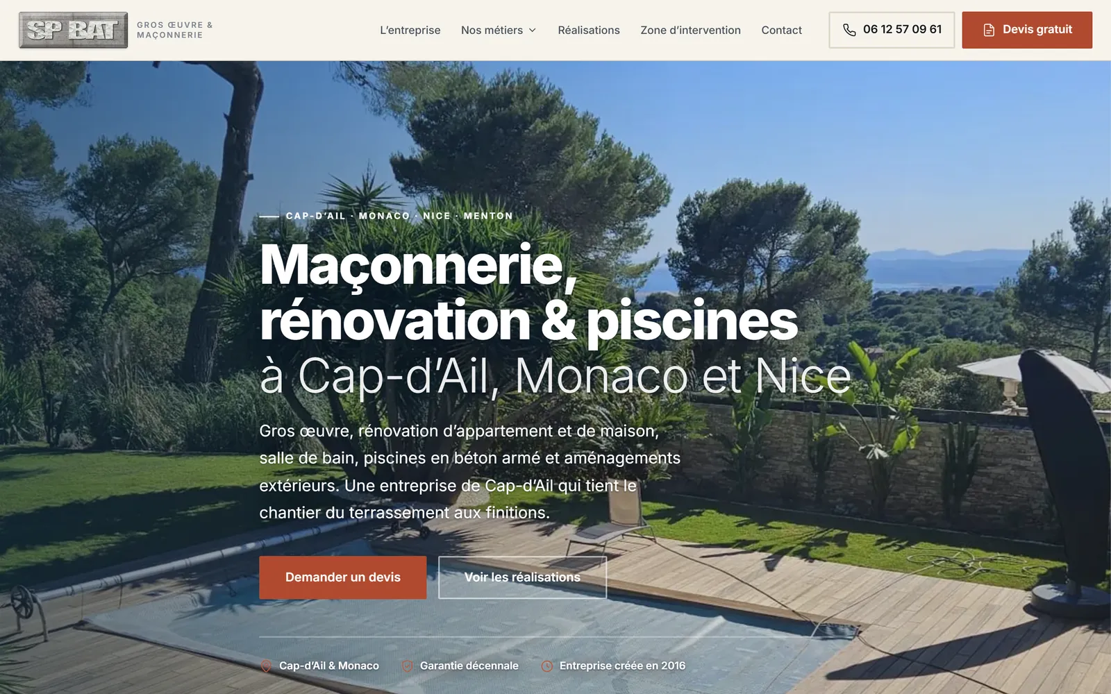 Site de SP BAT, entreprise de maçonnerie, rénovation et piscines à Cap-d'Ail, créé par Devmiweb