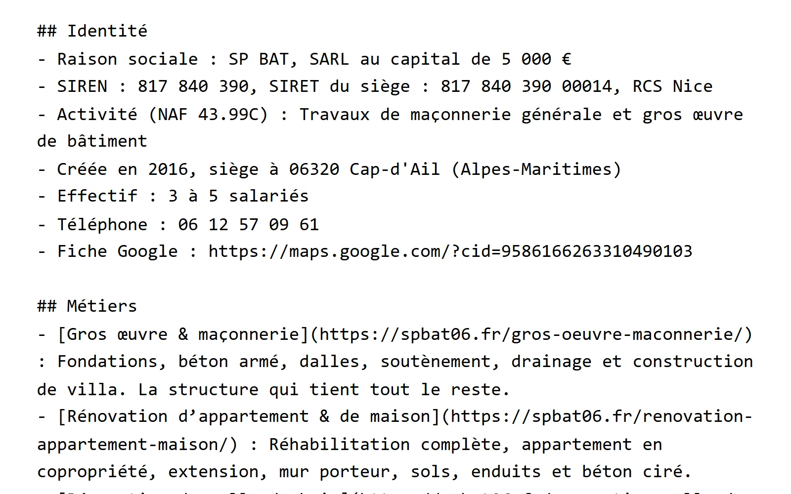Fichier llms.txt du site de SP BAT, maçonnerie à Cap-d’Ail : identité de l’entreprise et lien de sa fiche Google